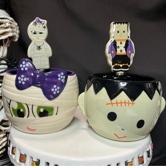 Ceramic Halloween Frankenstein & Bow Mummy Dip Bowls & Matching Spreaders - Picture 2 of 14